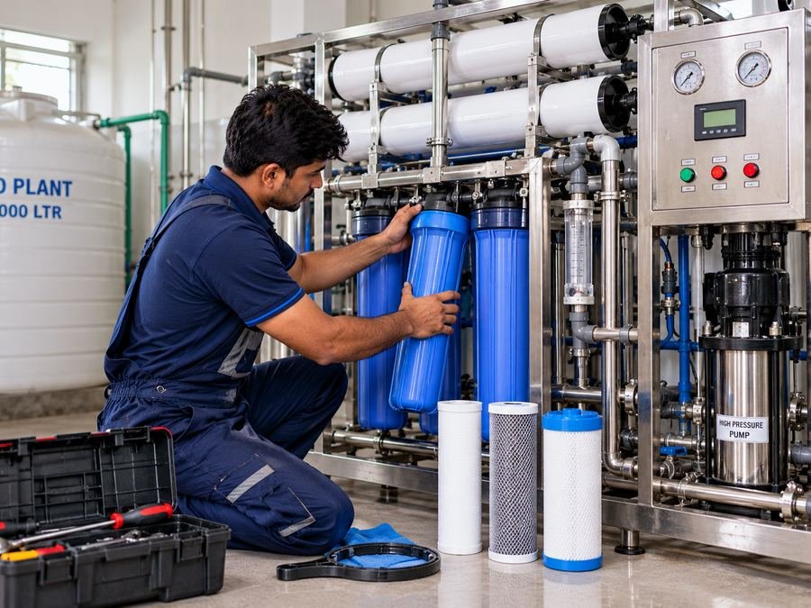 Commercial RO plant service in Patna – technician servicing a 1000 LTR RO plant