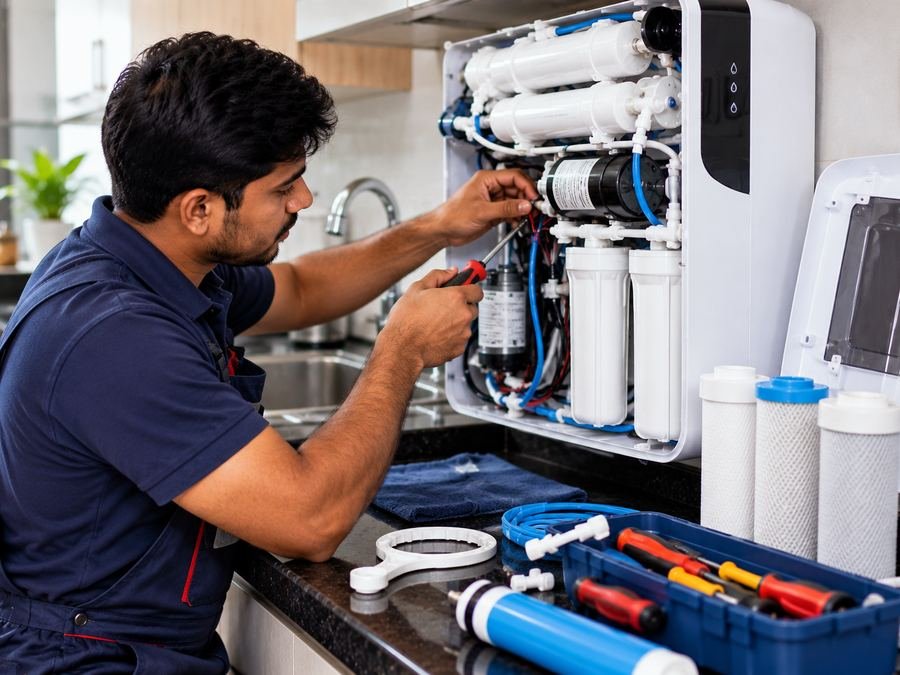 RO repair in Patna – technician repairing the pump and wiring of a water purifier