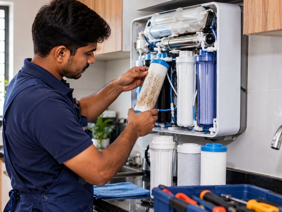 RO service in Patna – technician checking a dirty sediment filter during RO service