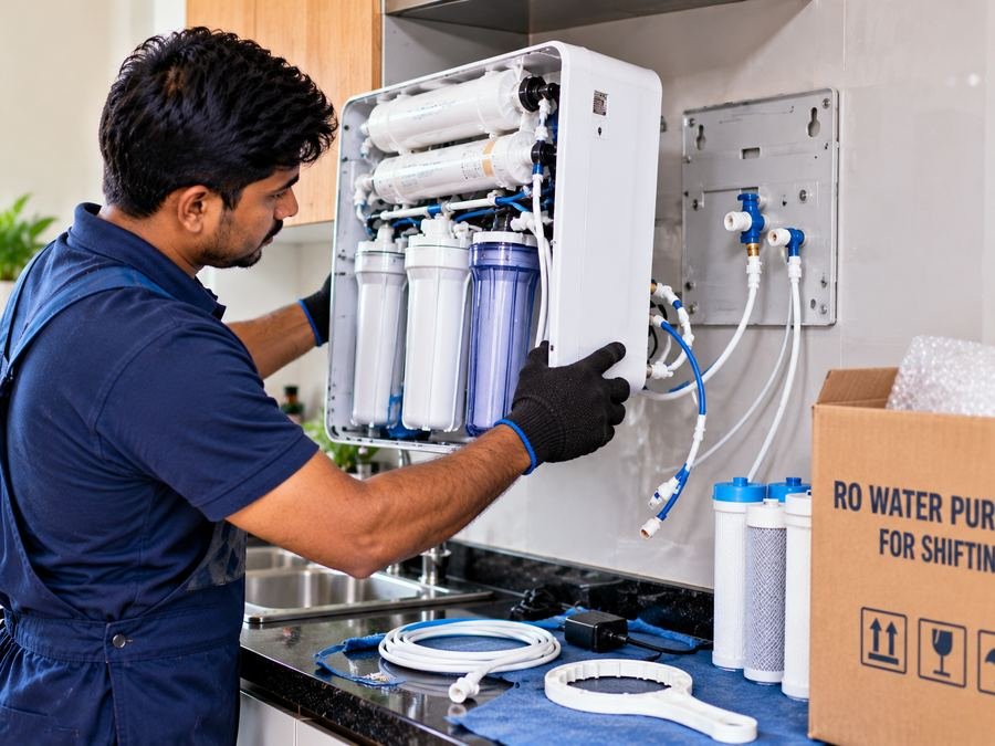 RO uninstallation and shifting in Patna – technician removing a wall-mounted purifier for shifting